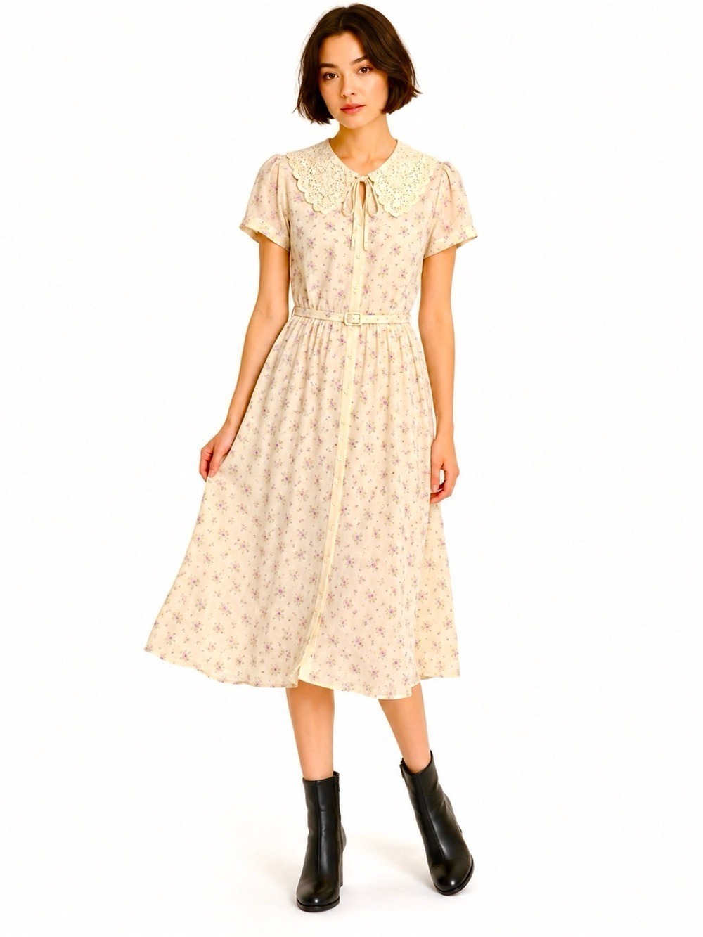 Vintage St Gillian by Kay Unger Floral Prairie Dress Lace Collar Midi Belted XS